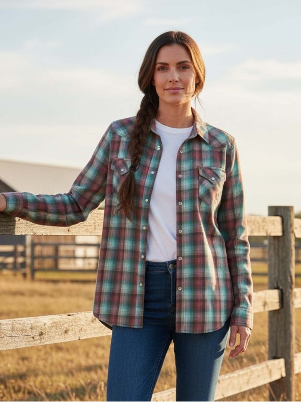 Wrangler Women's Plaid Button-Down Shirt - Teal and Rust